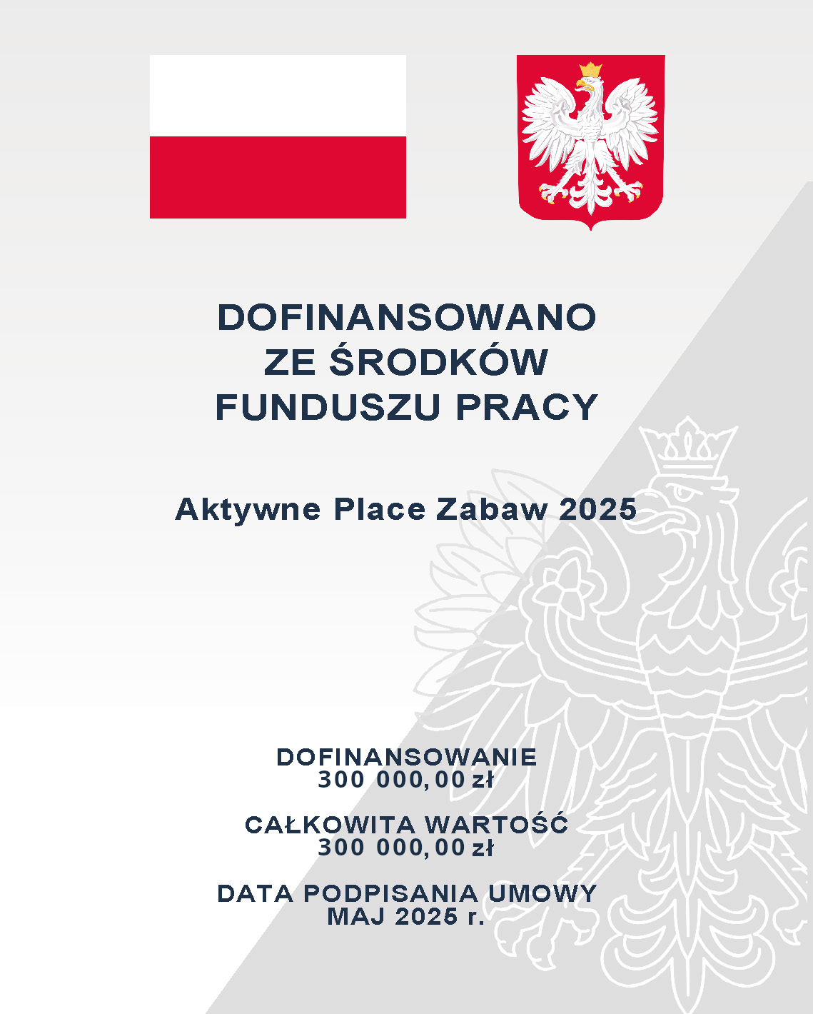 Plakat z tekstem dofinansowano ze środków funduszu pracy, Aktywne place zabaw 2025, dofinanoswanie300 000.00 złotych. W tle widoczny jest biały orzeł na czerwonym tle.