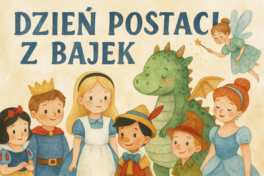 Ilustracja promująca dzień postaci z bajek. Przedstawia grupę postaci z bajek w pastelowym, akwarelowym stylu. Obok siebie stoją królewicz w koronie, chłopiec z długim 