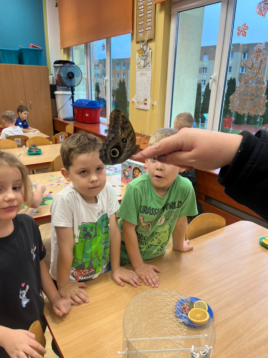 Kilka dzieci stoi przy stoliku i opiera dłonie o blat. Dzieci patrzą przed siebie z dużym zainteresowaniem