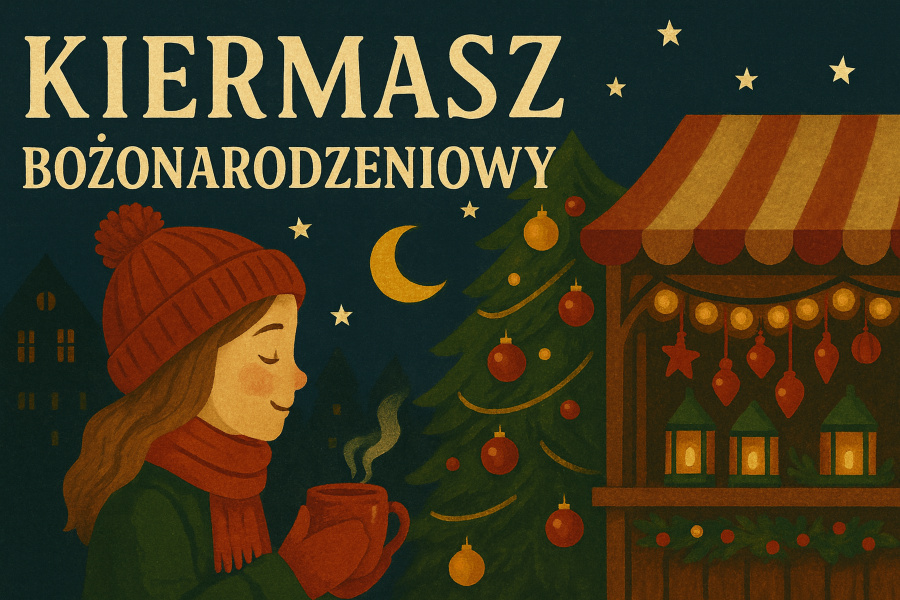 Dziewczynka w czerwonej czapce trzyma kubek z gorącym napojem. Obok stoi udekorowana choinka i świąteczne stoisko z lampionami. W tle gwiazdy, księżyc i kamienice