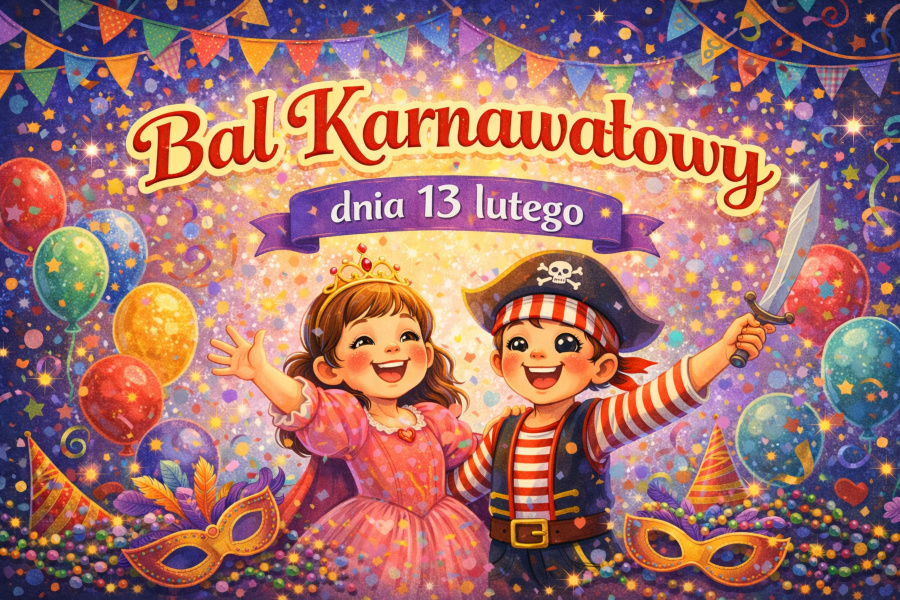 Ilustracja zapraszająca na Bal Karnawałowy 13 lutego. Dwoje uśmiechniętych dzieci w strojach księżniczki i pirata, otoczonych kolorowymi balonami, konfetti i karnawałowymi dekoracjami
