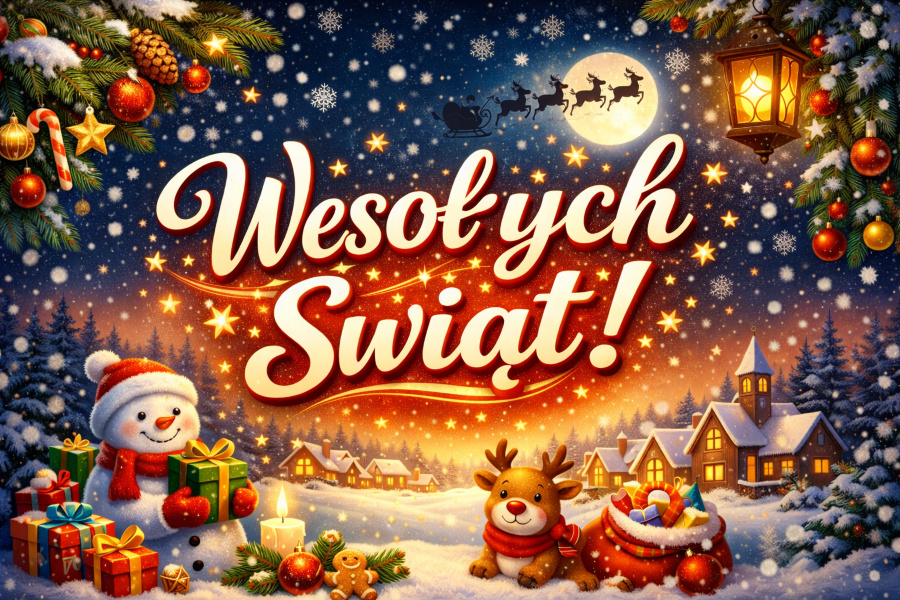 Ilustracja świąteczna z napisem „Wesołych Świąt!”. Zimowy krajobraz nocą, padający śnieg, pełnia księżyca i sylwetka sań z reniferami na niebie. Na pierwszym planie bałwan trzymający prezenty oraz renifer