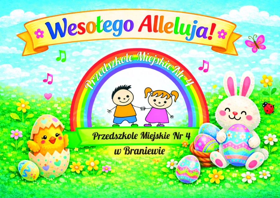 Kolorowa kartka wielkanocna z napisem „Wesołego Alleluja!”, tęczą, dziećmi, zajączkiem, kurczakiem i pisankami oraz nazwą Przedszkola Miejskiego nr 4 w Braniewie