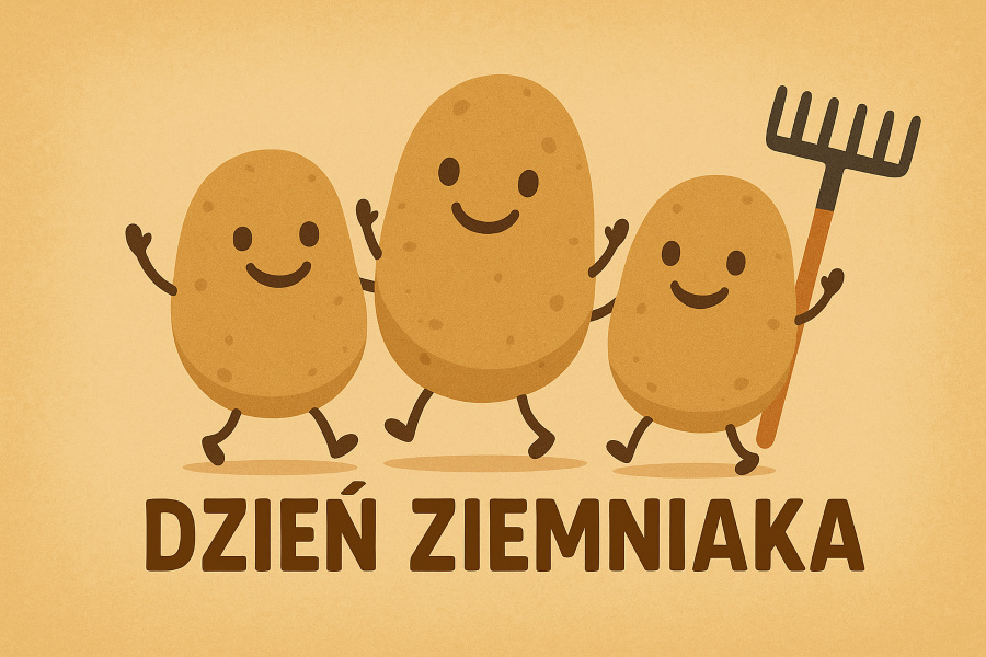 Trzy uśmiechnięte ziemniaki trzymają się za ręce, a jeden z nich trzyma grabie. Całość utrzymana jest w ciepłej, beżowo-brązowej kolorystyce. Pod postaciami znajduje się napis „DZIEŃ ZIEMNIAKA”