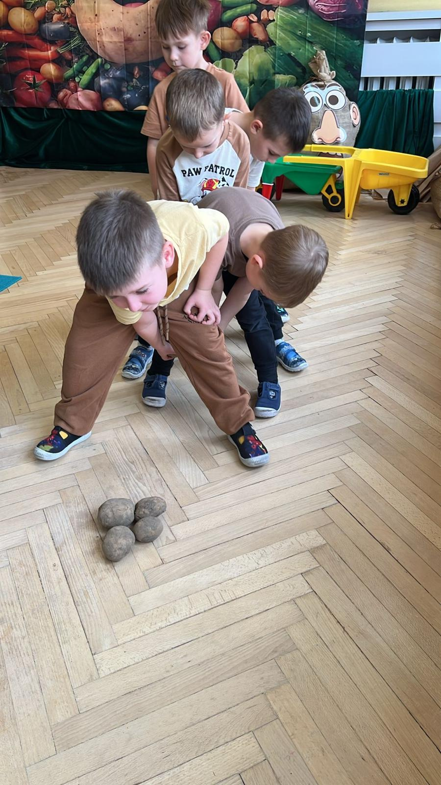 Grupa chłopców ustawia się w rzędzie wykonując zadanie ruchowe. Na podłodze przed nimi leży kilka ziemniaków. W tle widoczna jest kolorowa dekoracja z wizerunkiem ziemniaka i warzywami