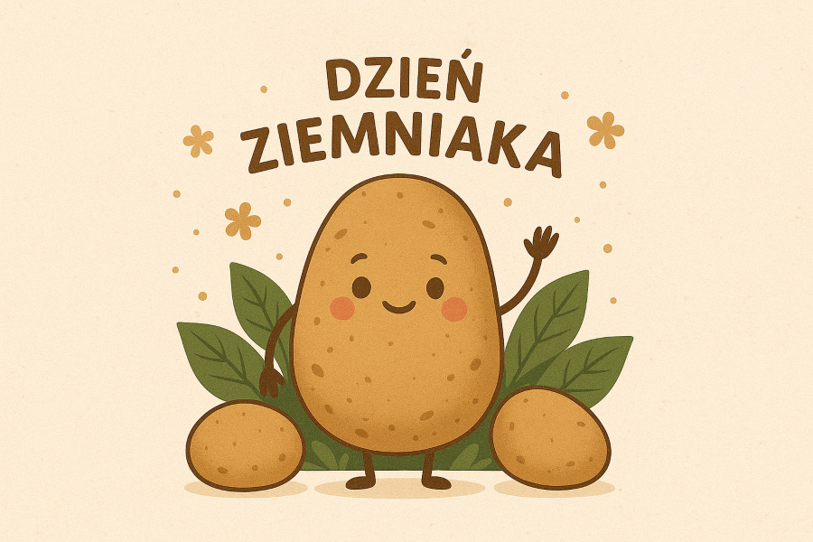 Plansza promująca dzień ziemniaka w przedszkolu. Ziemniak z uśmiechniętą buzią i rumieńcami, który macha jedną rączką. Obok niego leżą dwa mniejsze ziemniaki, a w tle widoczne są zielone liśc