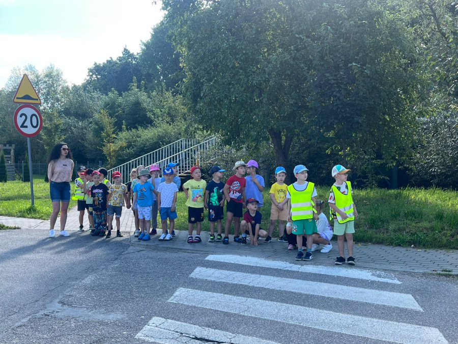Grupa dzieci stoi przed przejściem dla pieszych razem z opiekunką. Część dzieci ma na sobie kolorowe koszulki i czapki z daszkiem. Obok widoczny jest znak drogowy z ograniczeniem prędkości