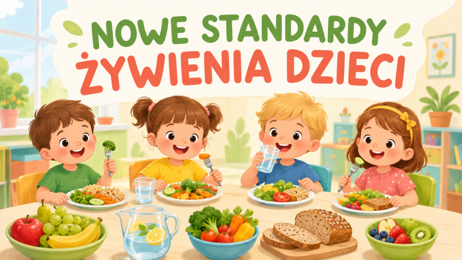 Grafika z napisem „Nowe standardy żywienia dzieci”. Czworo uśmiechniętych dzieci je zdrowy posiłek przy stole, na którym znajdują się warzywa, owoce, pieczywo i woda