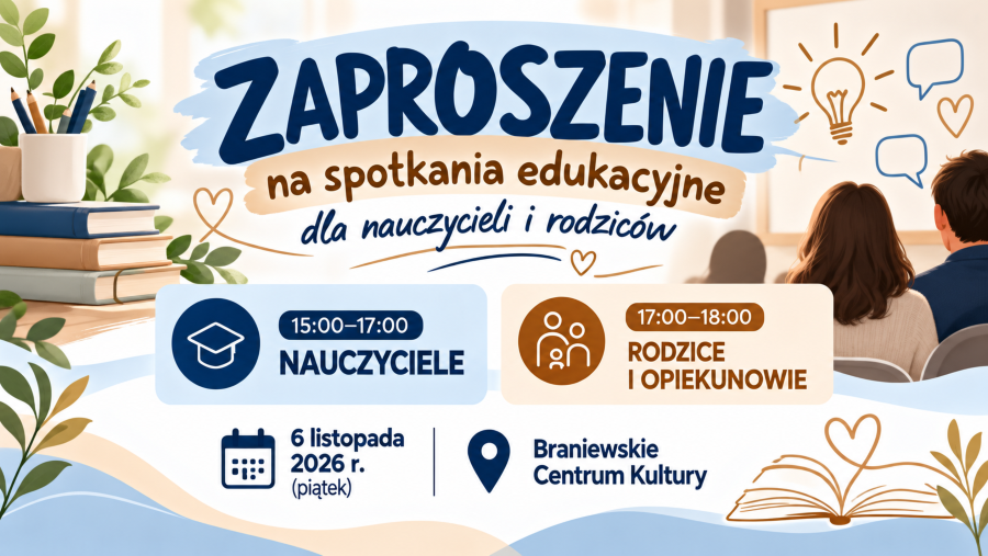 Grafika zapraszająca na spotkania edukacyjne 6 listopada 2026 r. w Braniewskim Centrum Kultury