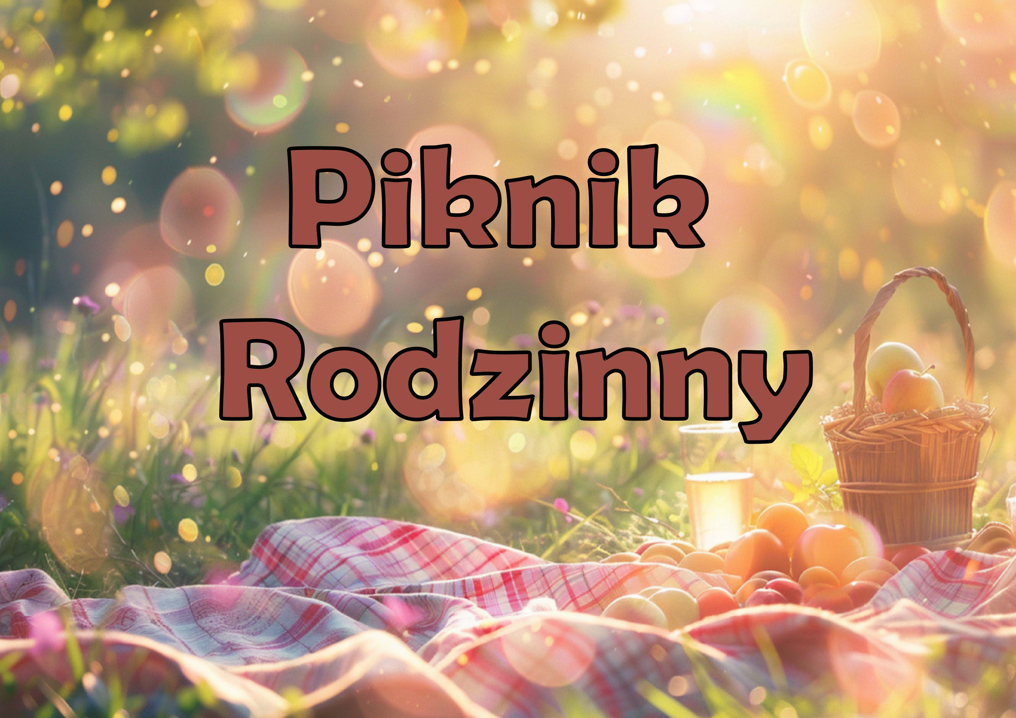 Grafika promująca wydarzenie z napisem „Piknik Rodzinny” na pierwszym planie. W tle widać rozłożony na trawie koc w kratę, kosz z owocami i szklankę z napojem.